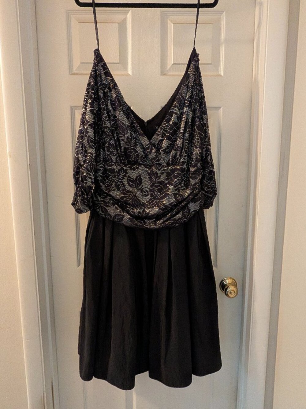 SL Fashions Black Metallic Silver Lace Overlay Cocktail Dress - Size 18W